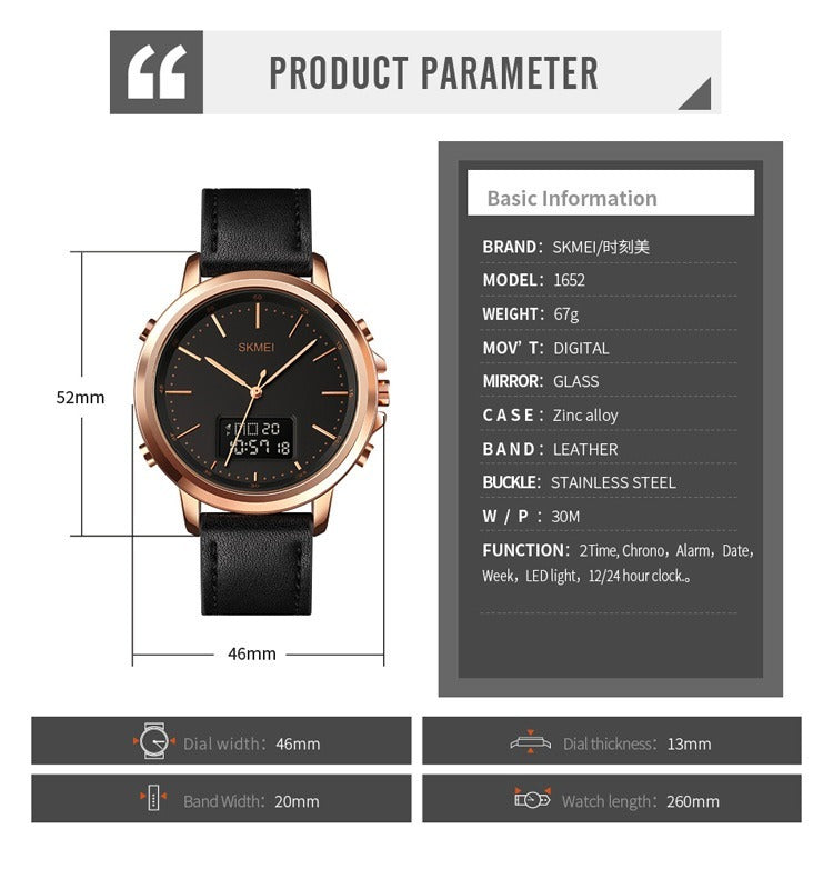 SKMEI Men's Fashion Digital Watch Analog Leather Multifunctional Waterproof Men's Watch 1652 | Skemi Men Digital Analog Watch - Without Box